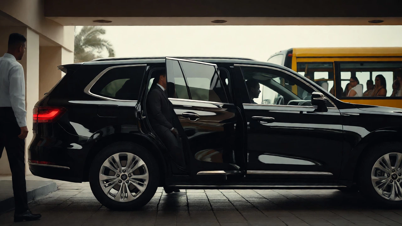 Blacked-out luxury SUV arriving at exclusive resort drop-off zone