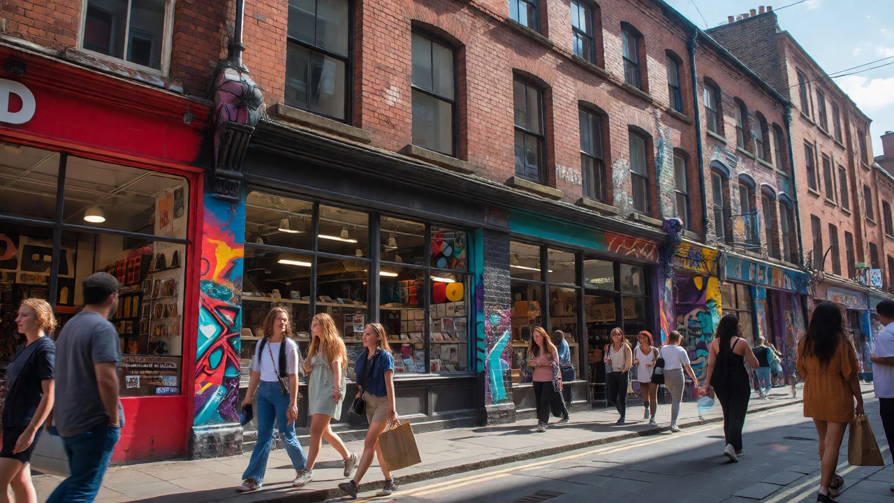 Bustling Manchester Northern Quarter street with colorful graffiti and vintage shops.