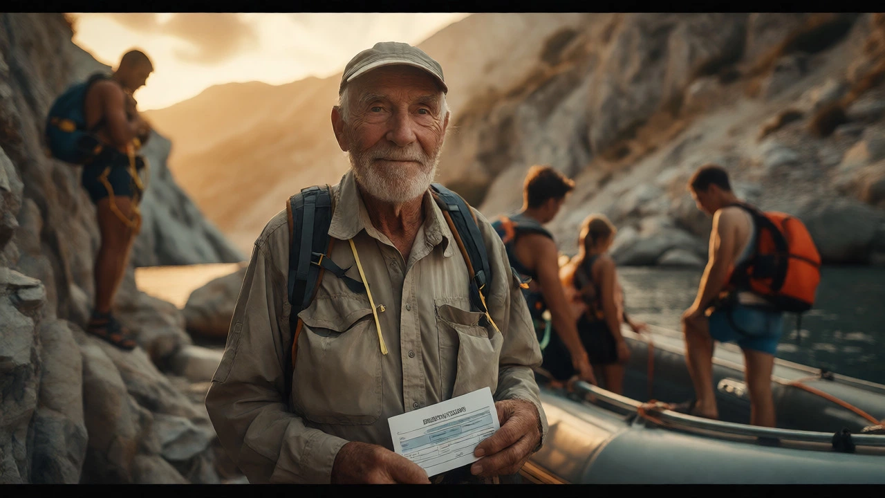 Confident elderly traveler holding medical clearance near active young adventurers.