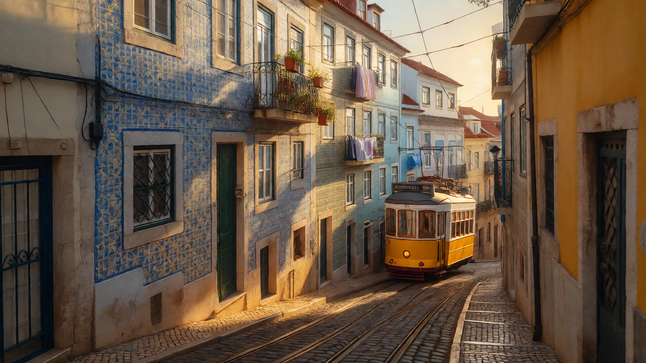 Golden hour view of a cobblestone street with a tram in Lisbon