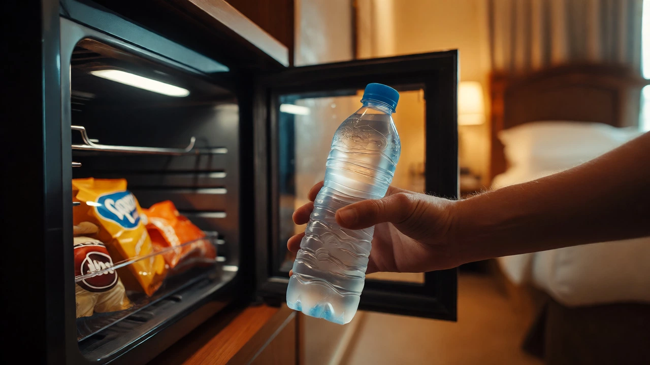 Hand taking water from a hotel mini-bar fridge