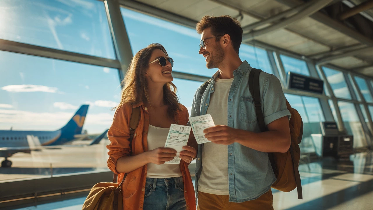 Happy couple with boarding passes in a sunny airport terminal