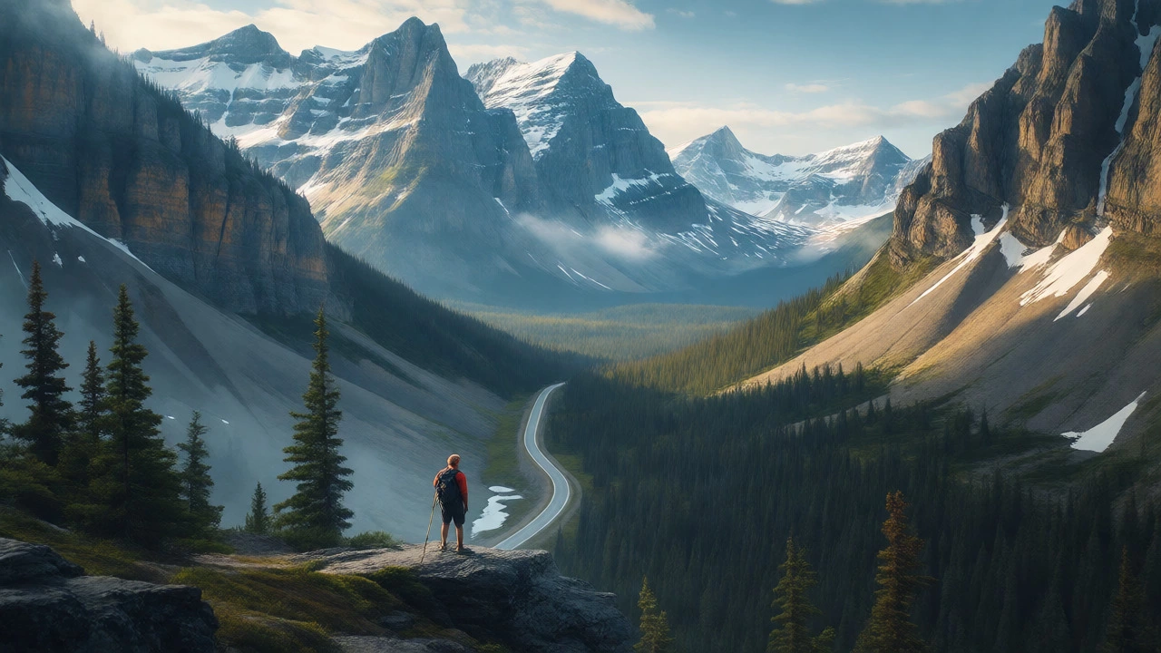 Hiker overlooking the scenic Icefields Parkway in Jasper National Park
