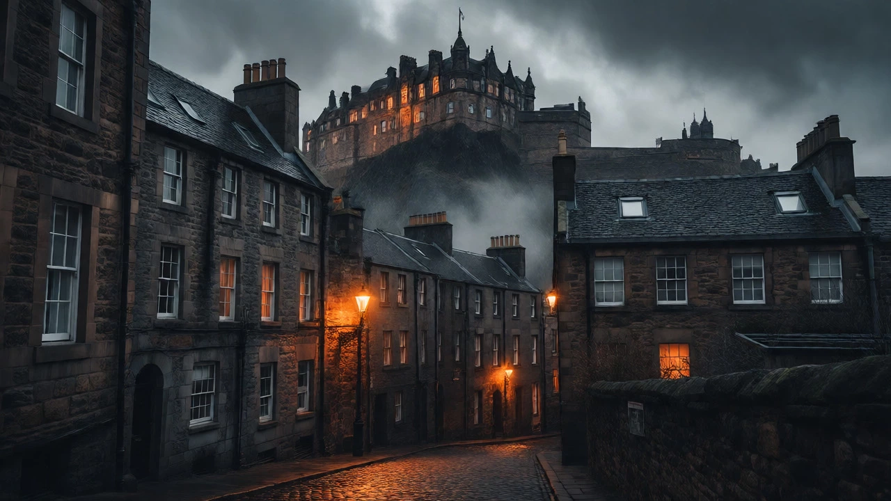Moody Edinburgh Old Town alleyways with castle silhouetted against dramatic skies.