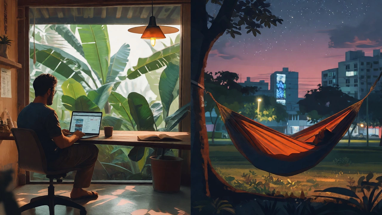 Split view of digital nomad in Bali and micro-adventurer in city park