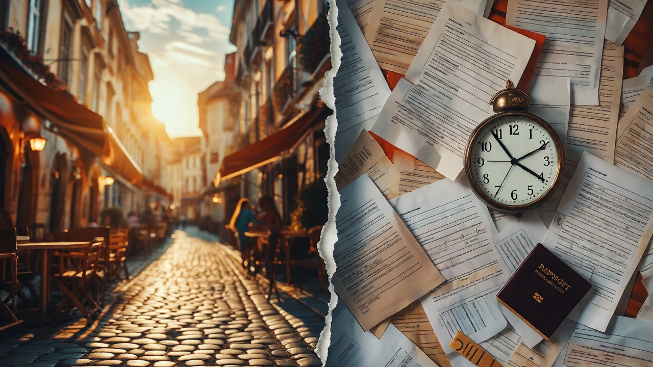 Split view of sunny vacation vs travel stress