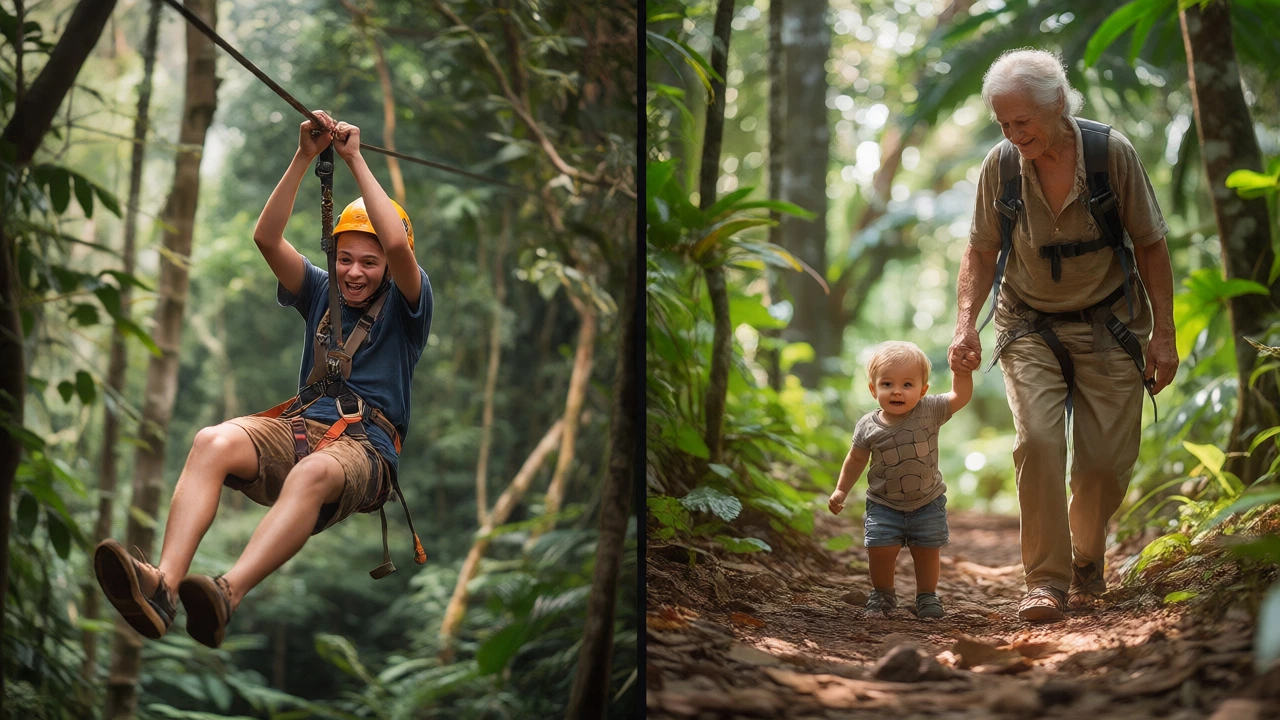 Teenager zip-lining while grandparents walk gently through a sunlit rainforest path.