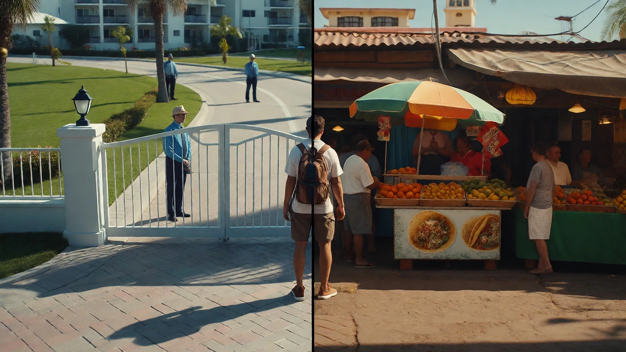 Traveler choosing between resort comfort and local culture