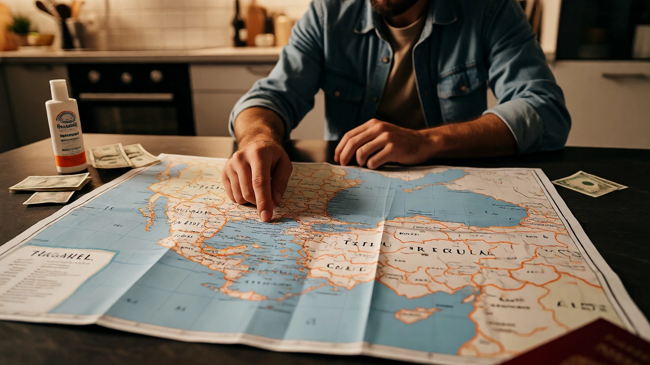Traveler planning trip with map and budget items on table