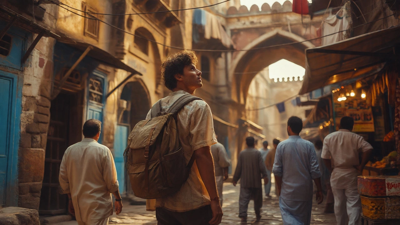 Wanderer exploring a foreign city street during golden hour with backpack