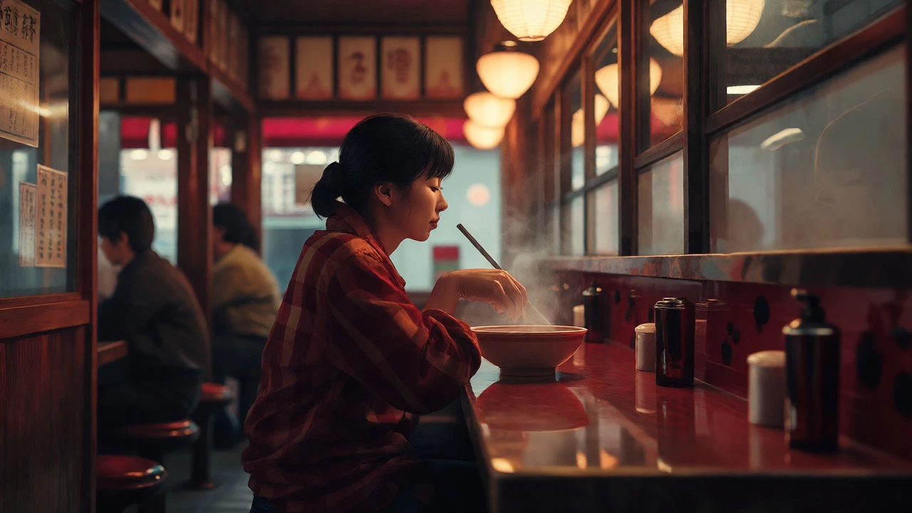 Woman eating ramen alone at a cozy counter in a Tokyo restaurant.